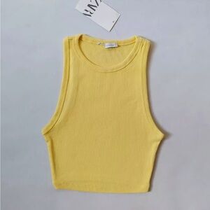 Zara Yellow Cropped Fitted Tank Top